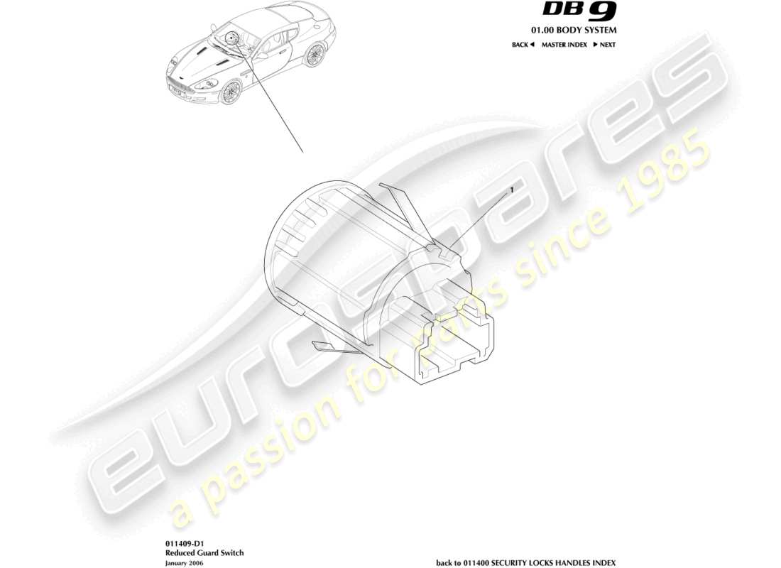 aston martin db9 (2009) interruttore di guardia ridotto diagramma delle parti