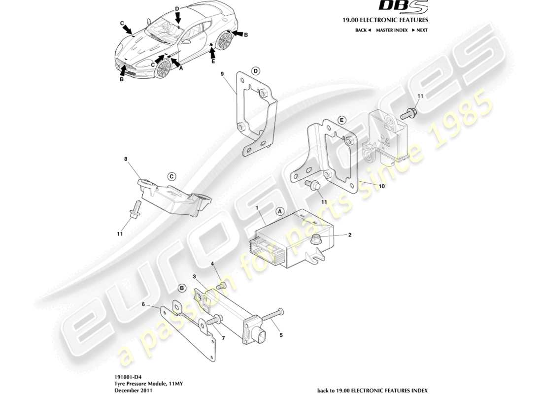 aston martin dbs (2007) modulo pressione pneumatici, 11my diagramma delle parti