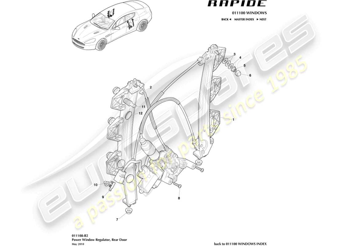 aston martin rapide (2012) schema delle parti del regolatore del finestrino posteriore