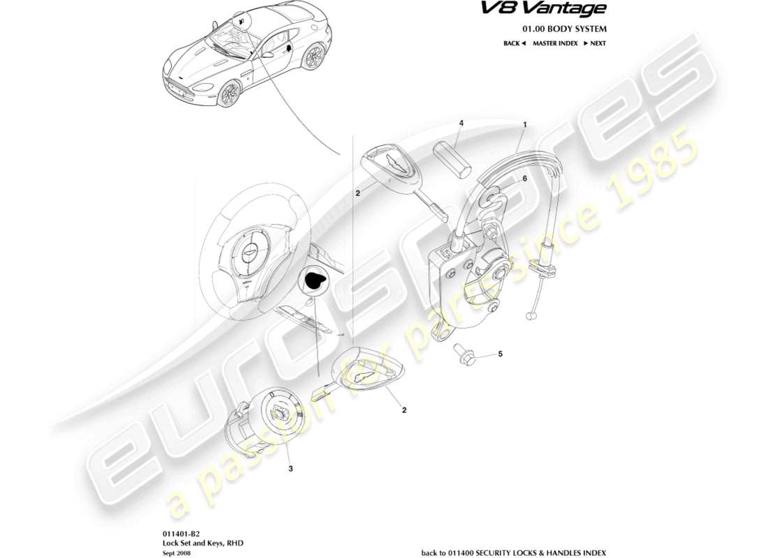 aston martin v8 vantage (2018) set di serrature e chiavi, diagramma delle parti con guida a destra