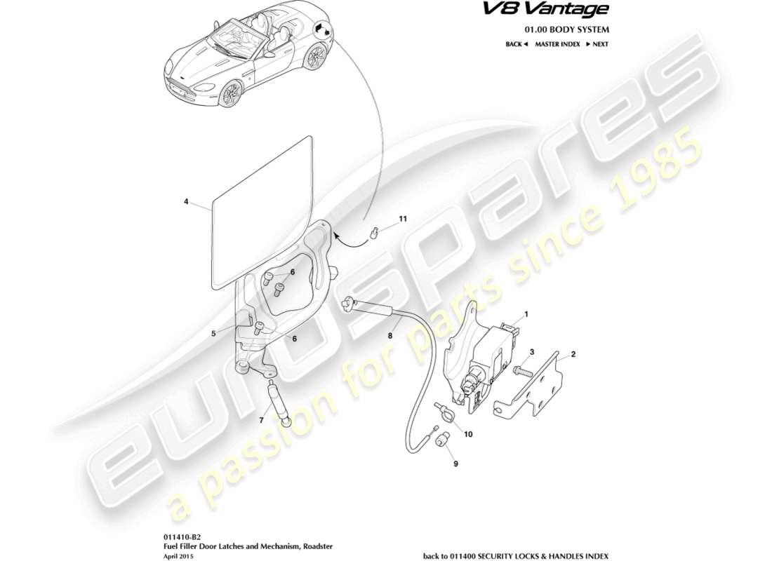 aston martin v8 vantage (2018) meccanismo di rifornimento del carburante, diagramma delle parti della roadster