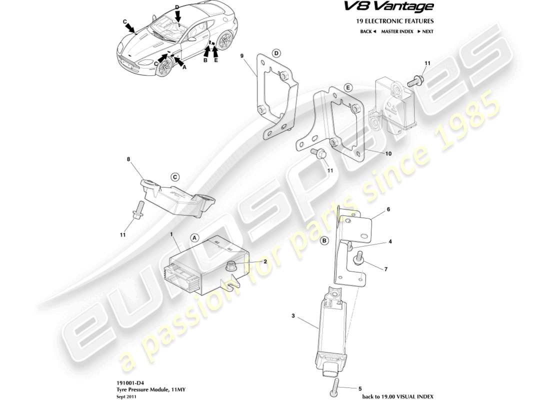 aston martin v8 vantage (2012) modulo pressione pneumatici, diagramma delle parti 11my