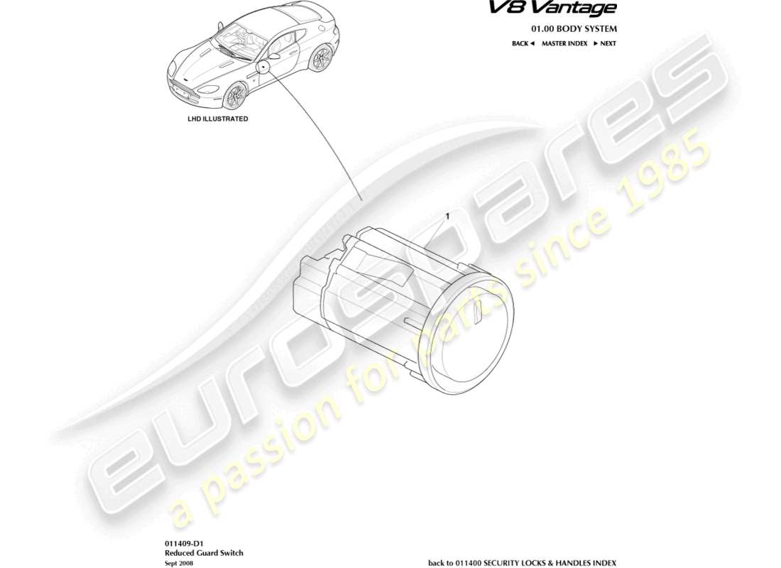 aston martin v8 vantage (2012) diagramma delle parti dell'interruttore di protezione ridotto
