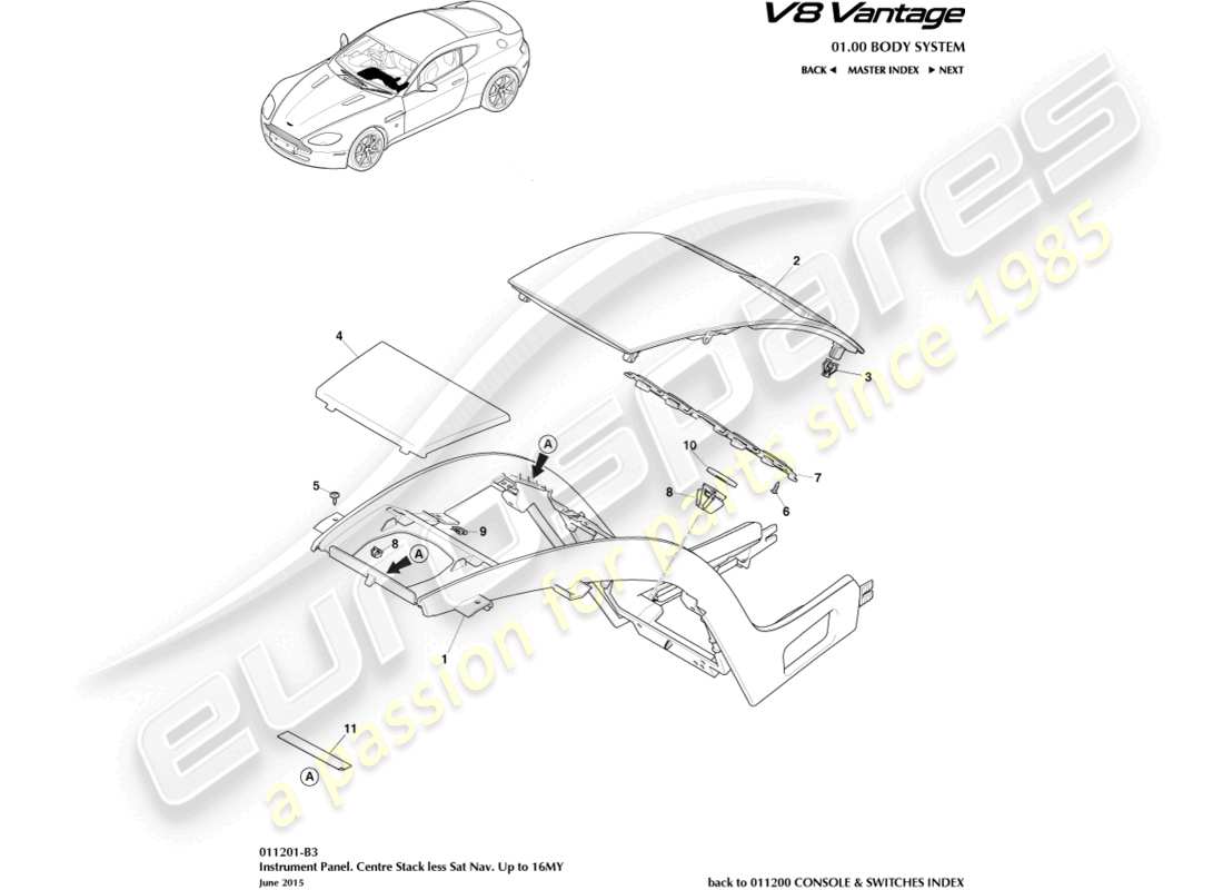 aston martin v8 vantage (2018) pila centrale, meno dire nav a 16my diagramma delle parti