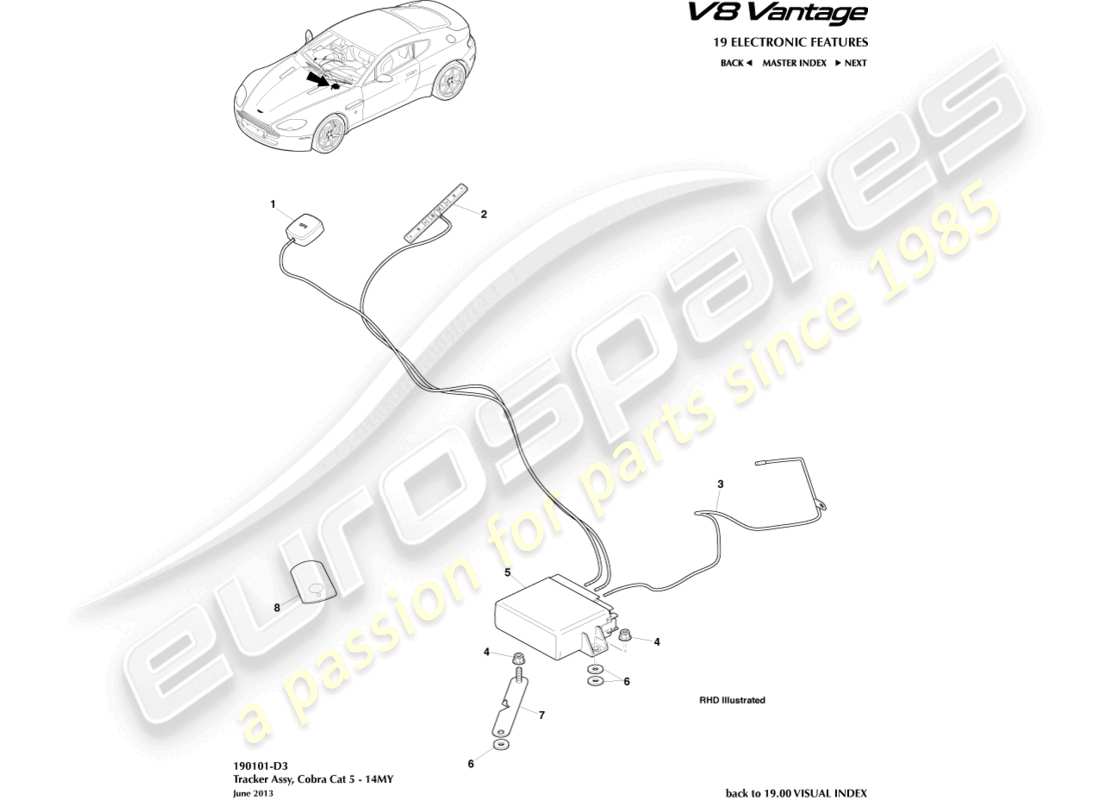 aston martin v8 vantage (2012) inseguitore, cobra, diagramma delle parti 14my