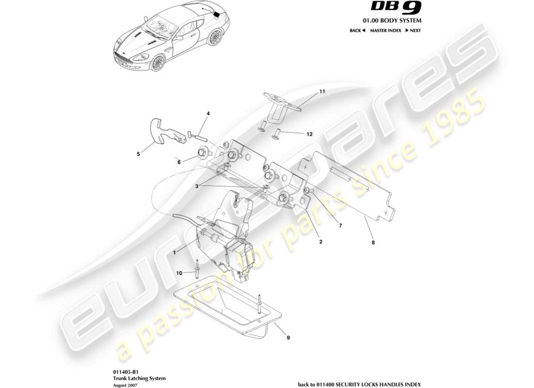 aston martin db9 (2010) diagramma delle parti del sistema di chiusura del bagagliaio