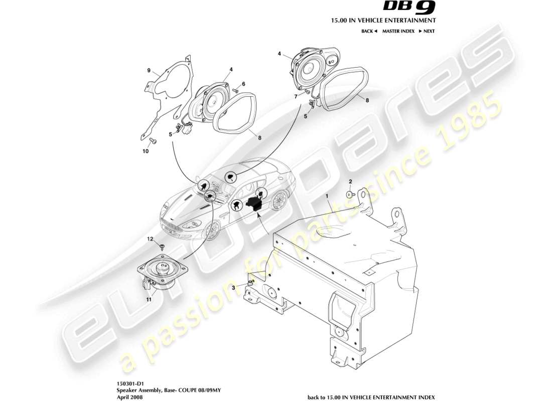 aston martin db9 (2010) altoparlante, base, coupé diagramma delle parti
