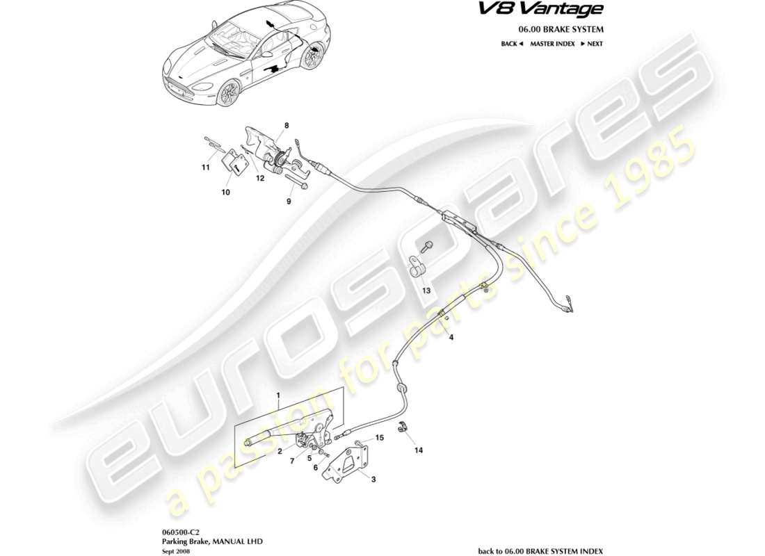 aston martin v8 vantage (2006) freno di stazionamento, schema delle parti con guida a sinistra