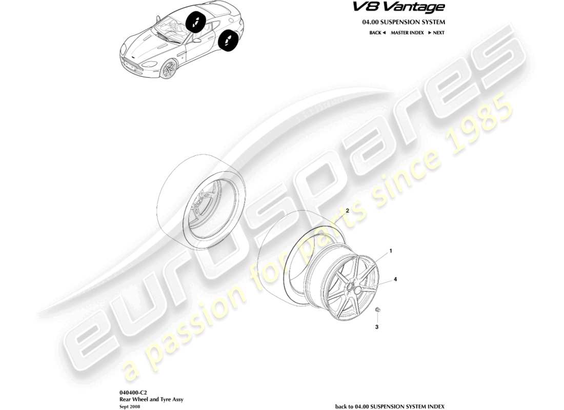 aston martin v8 vantage (2006) ruote posteriori e pneumatici, al diagramma delle parti 09my
