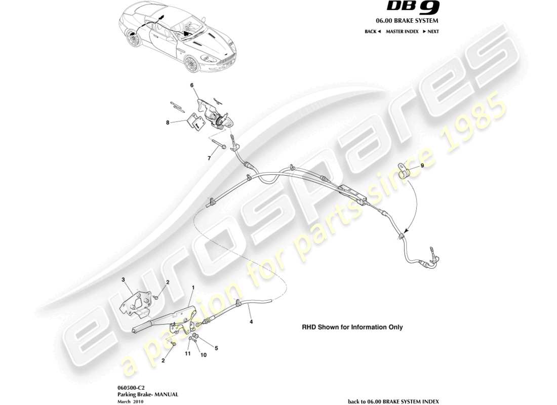 aston martin db9 (2010) schema delle parti del freno di stazionamento
