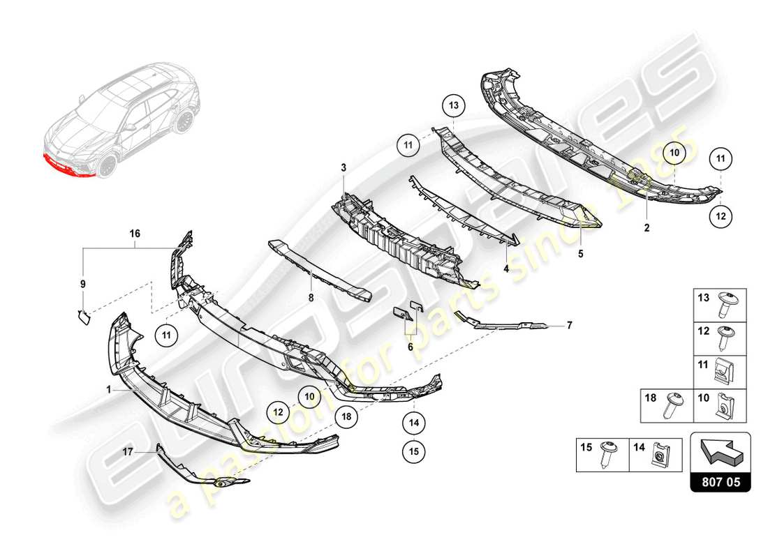 lamborghini urus (2020) paraurti completo in carbonio schema delle parti