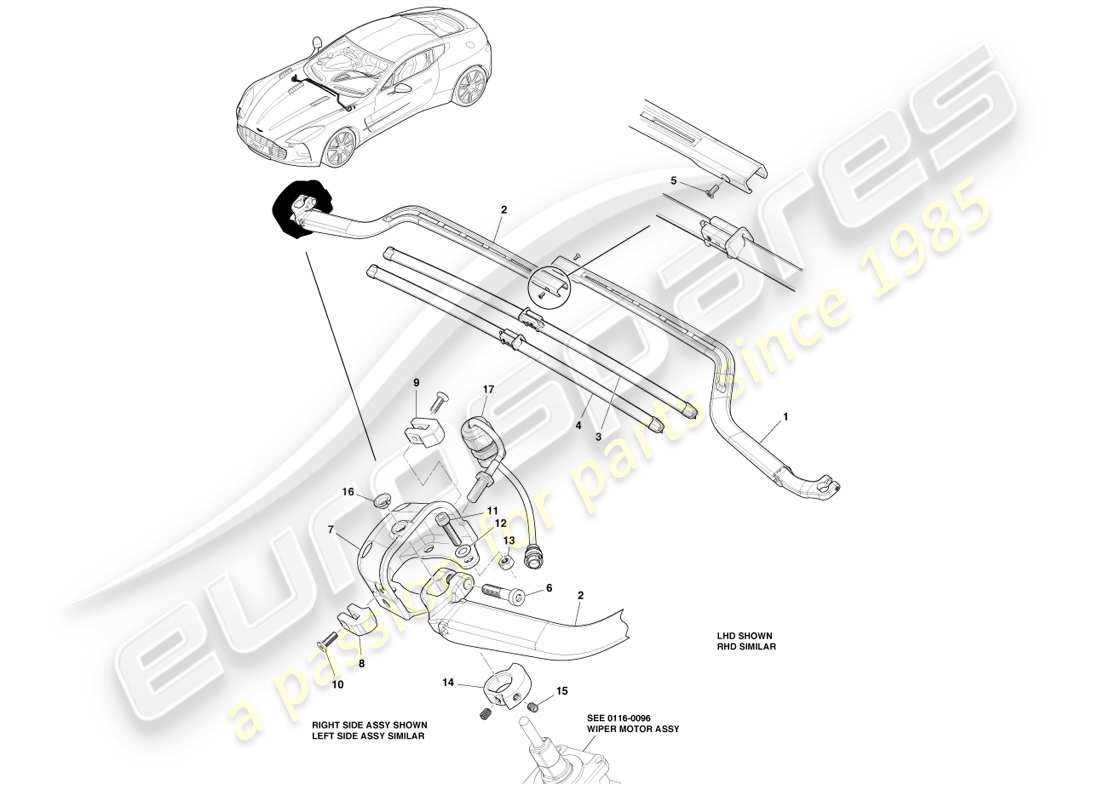 aston martin one-77 (2011) gruppo spazzola tergicristallo diagramma delle parti