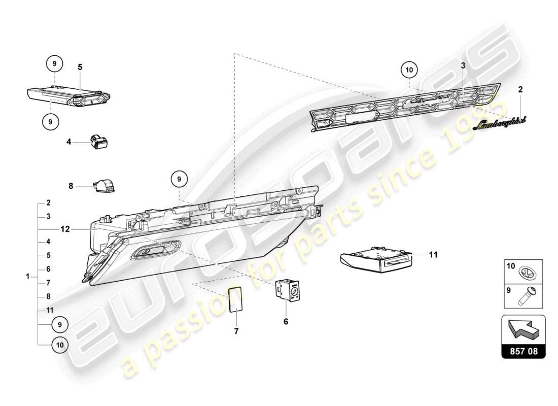 lamborghini evo coupe 2wd (2022) vano portaoggetti diagramma delle parti