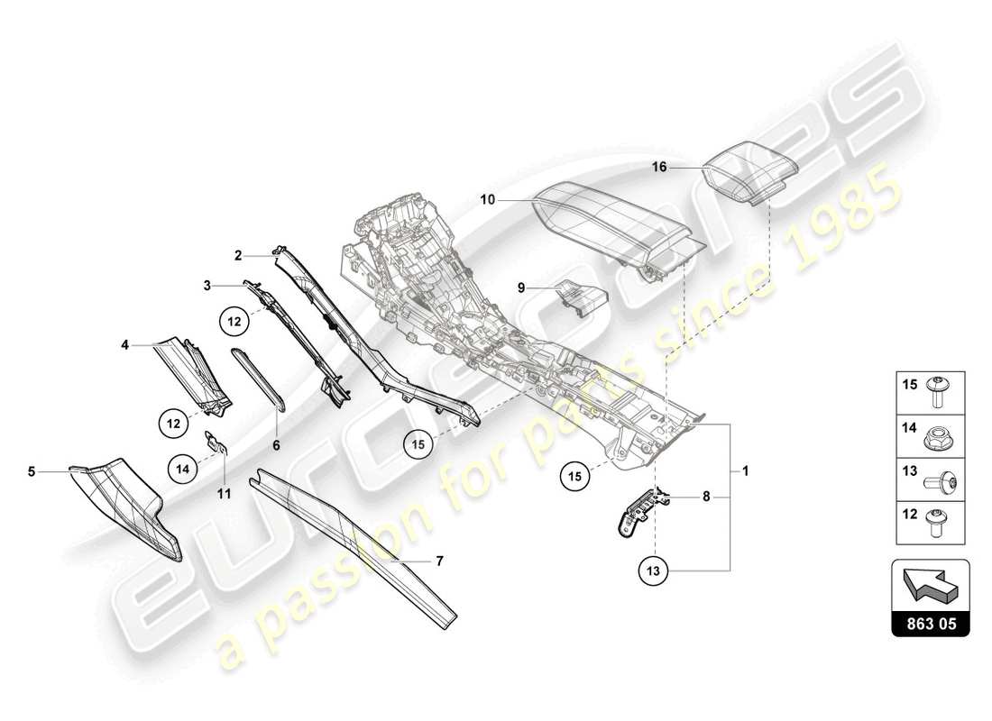 lamborghini evo spyder (2023) rivestimento del tunnel diagramma delle parti