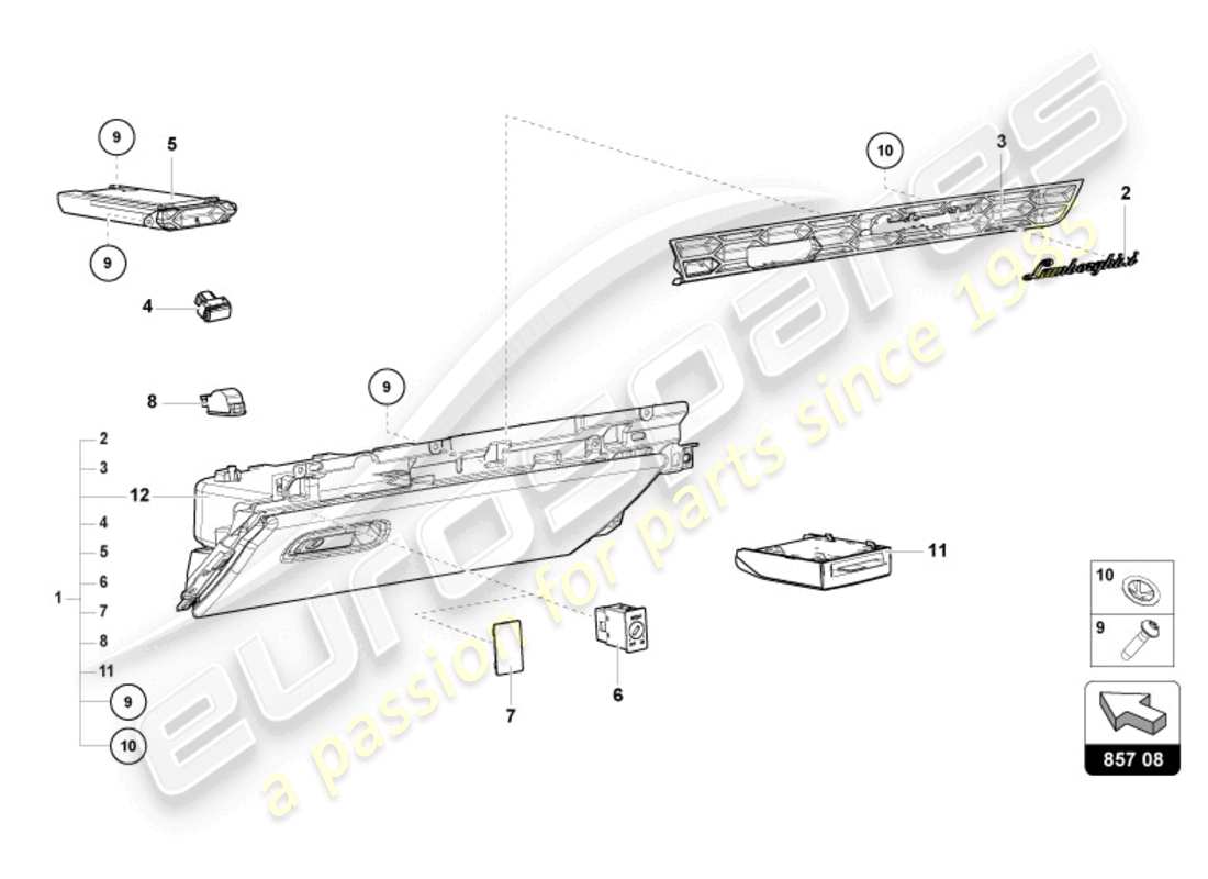lamborghini evo spyder (2024) vano portaoggetti diagramma delle parti