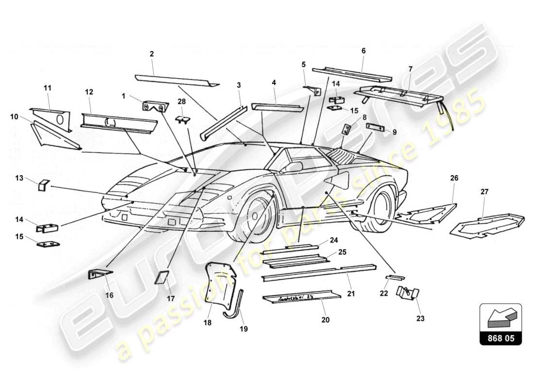 lamborghini countach 25th anniversary (1989) supporti e protezioni diagramma delle parti