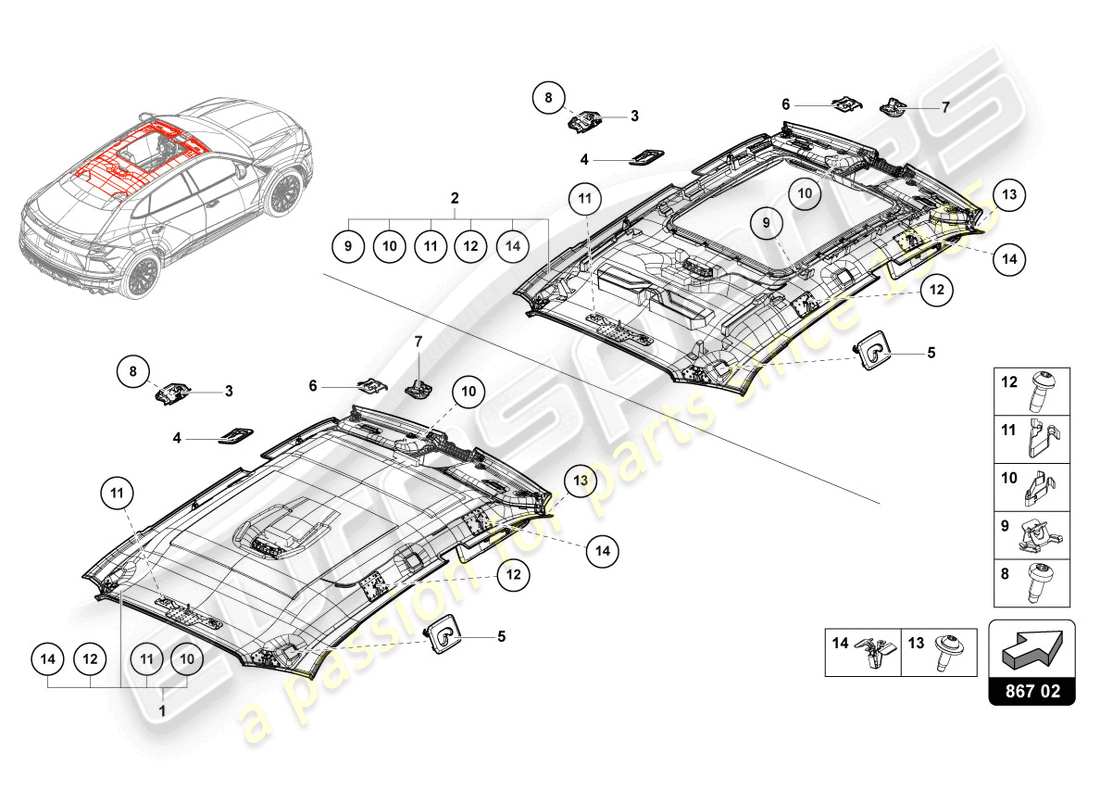 lamborghini urus (2019) rivestimento del tetto diagramma delle parti