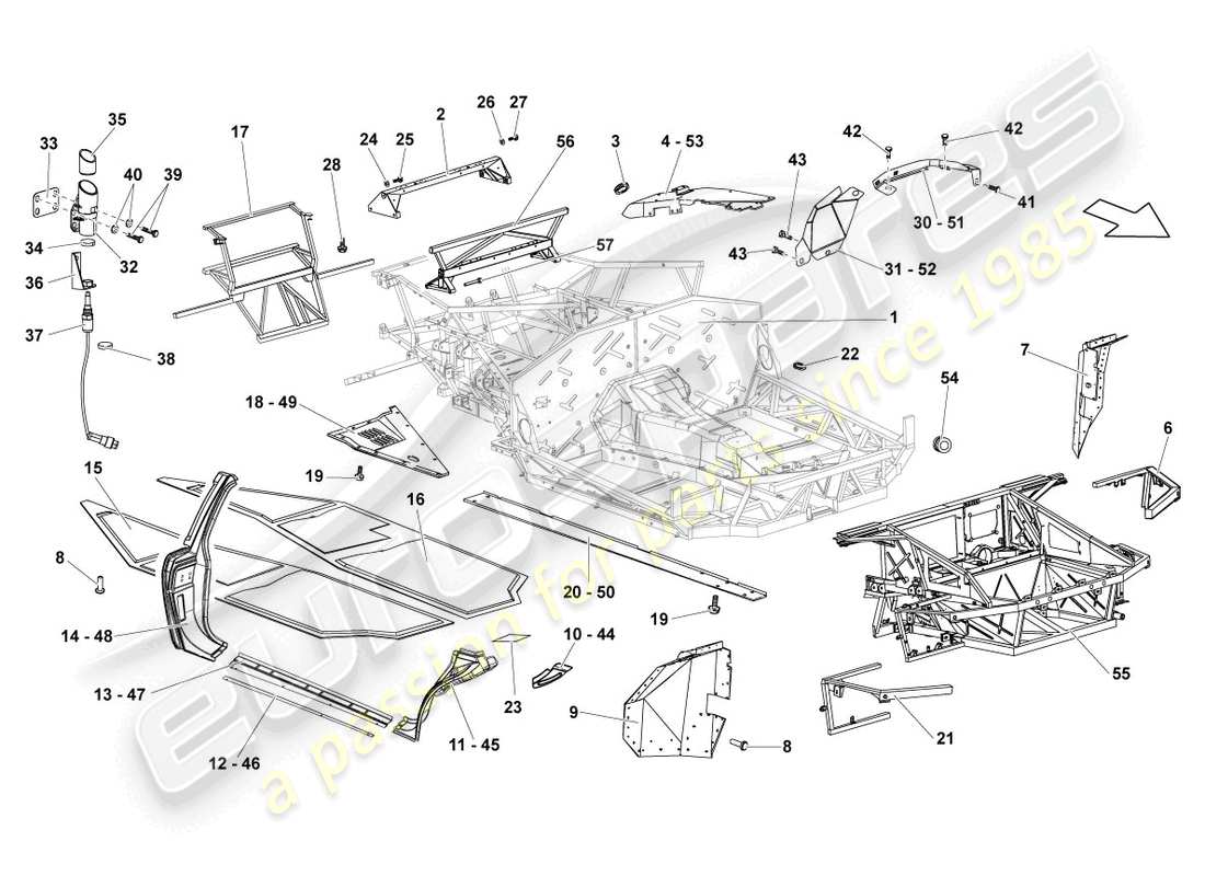 lamborghini lp640 roadster (2010) diagramma delle parti del telaio