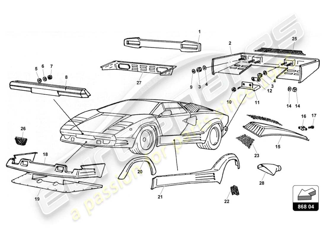 lamborghini countach 25th anniversary (1989) fodera esterna diagramma delle parti