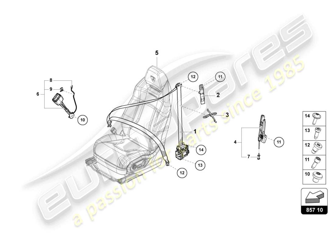lamborghini urus (2020) cintura di sicurezza a tre punti anteriori diagramma delle parti