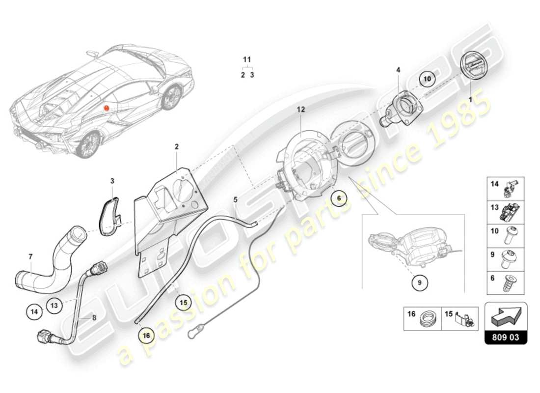 lamborghini sian roadster (2021) collo del riempimento del carburante schema delle parti