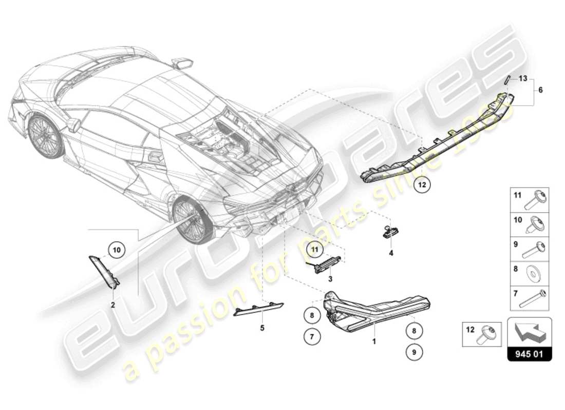 lamborghini revuelto coupe (2024) fanali posteriori con indicatore di direzione, freno e luci posteriori, riflettore schema delle parti