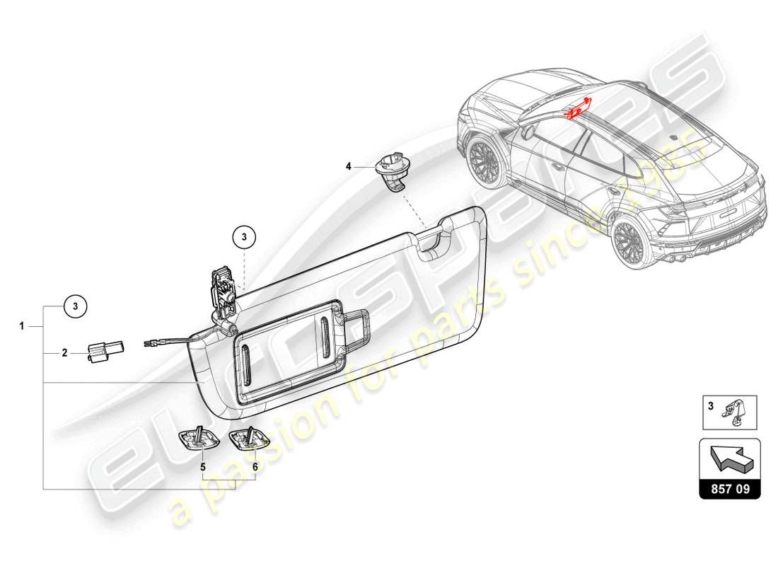 lamborghini urus (2020) schema delle parti della visiera parasole