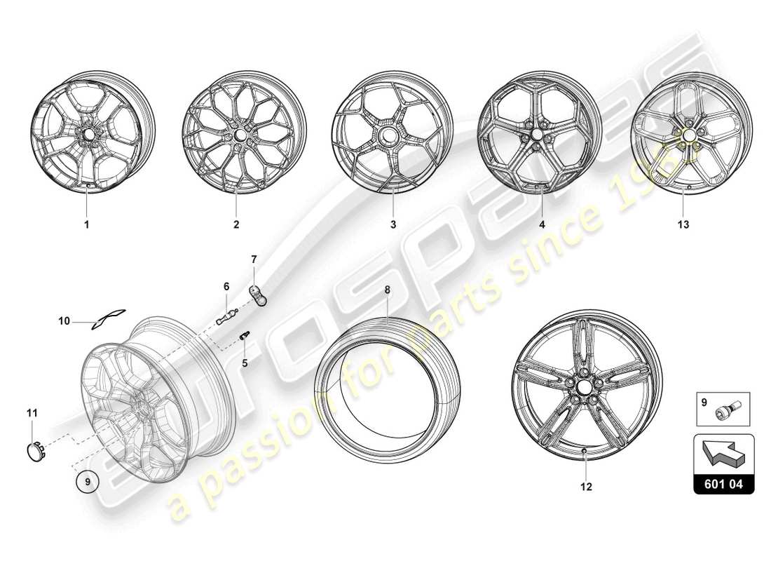 lamborghini evo spyder (2022) ruote/pneumatici posteriori diagramma delle parti