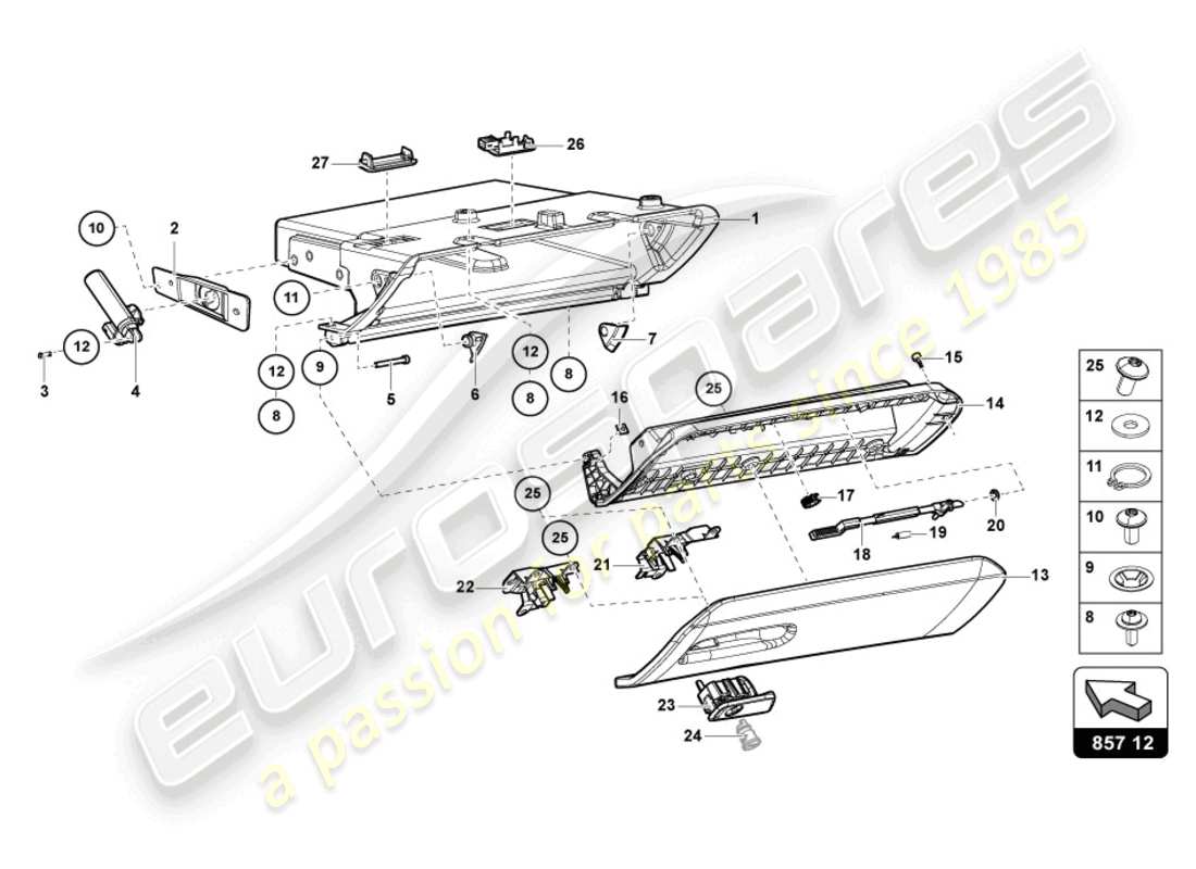 lamborghini lp770-4 svj coupe (2022) diagramma delle parti del vano portaoggetti