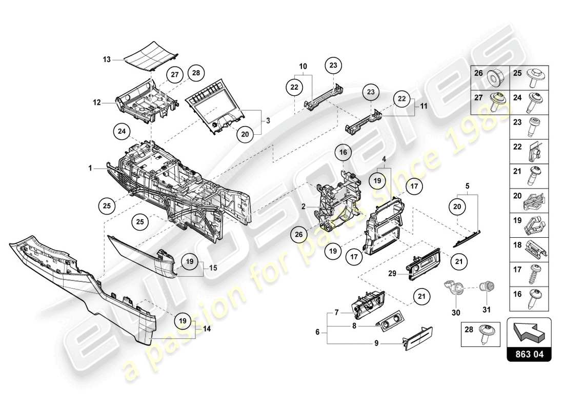 lamborghini urus (2020) console centrale inferiore diagramma delle parti