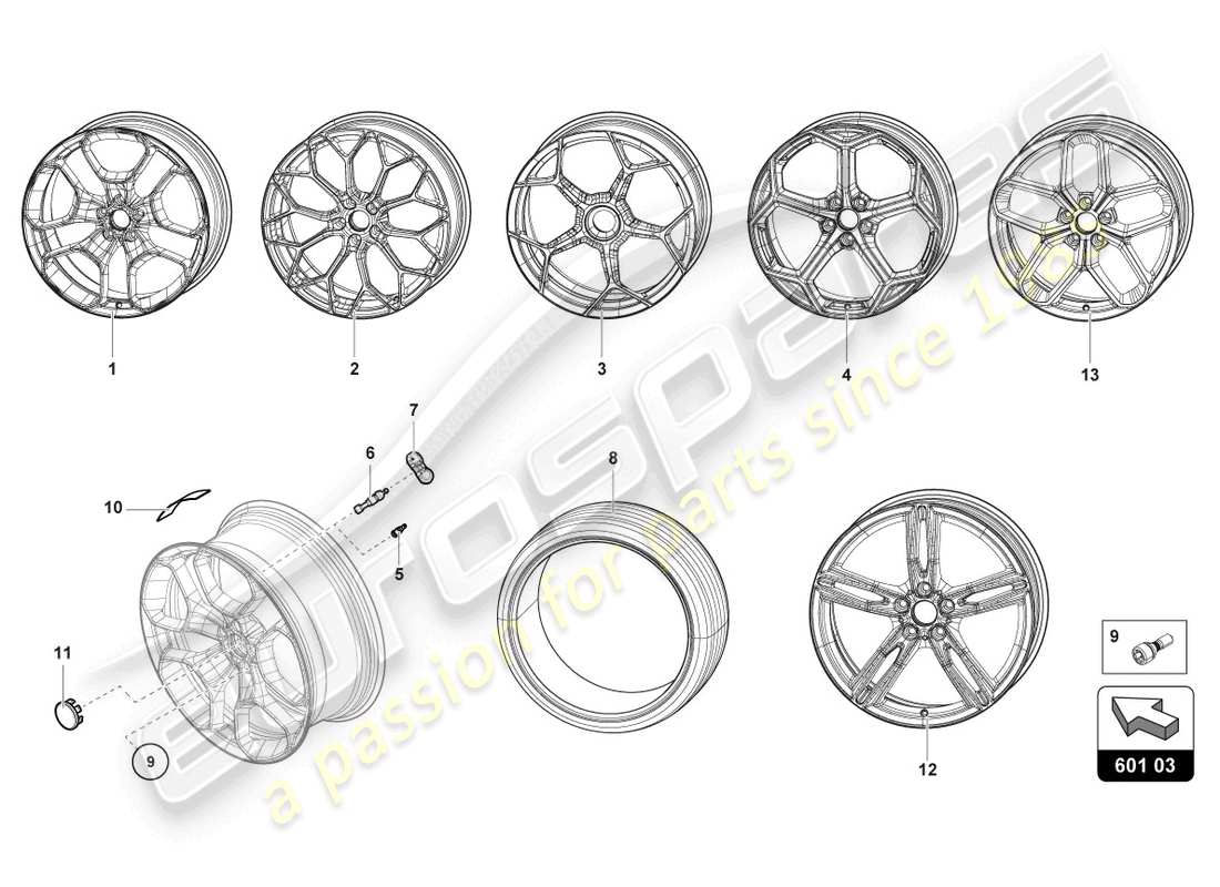 lamborghini evo spyder (2022) ruote/pneumatici anteriori diagramma delle parti