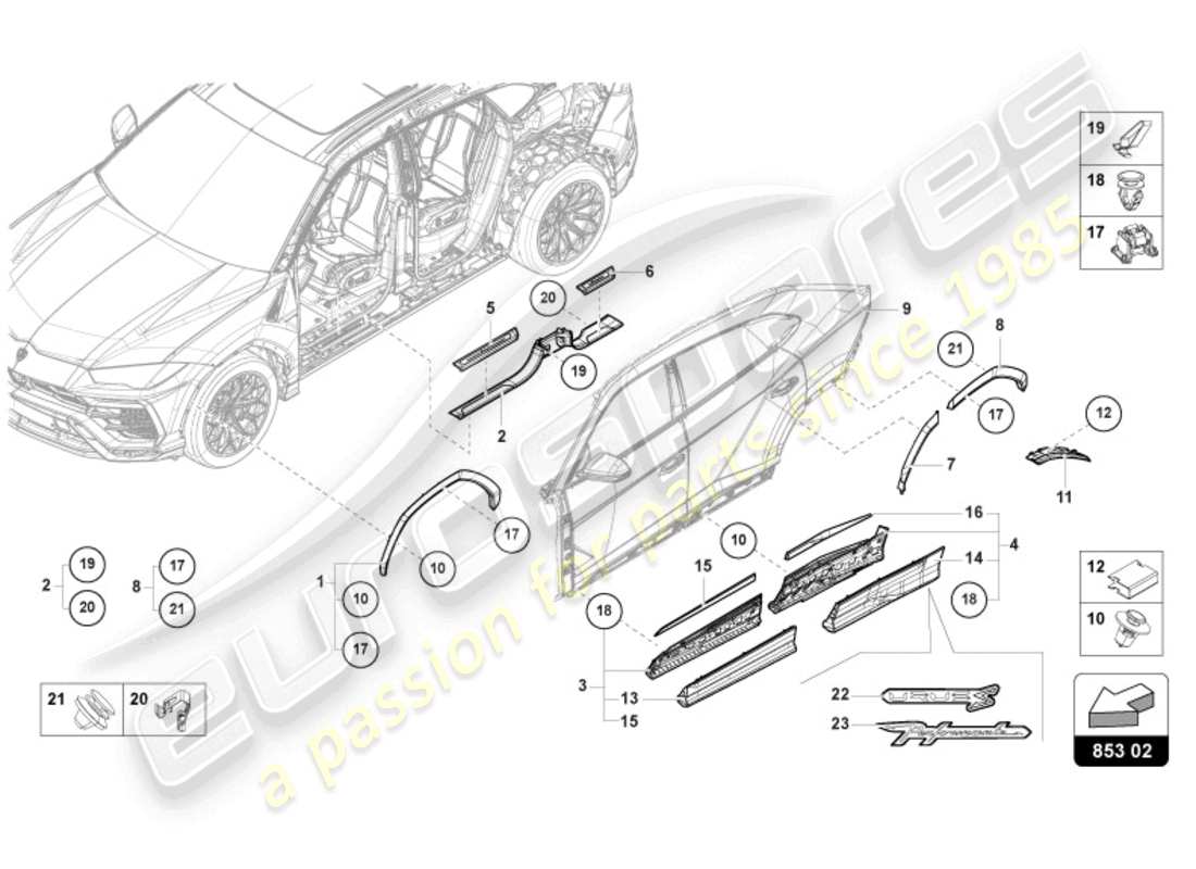 lamborghini urus (2020) striscia di rivestimento soglia diagramma delle parti