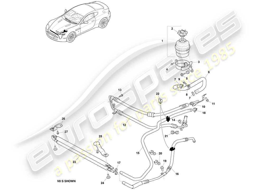 aston martin v8 vantage (2007) schema delle parti di radiatore, tubi flessibili e serbatoio, guida a sinistra