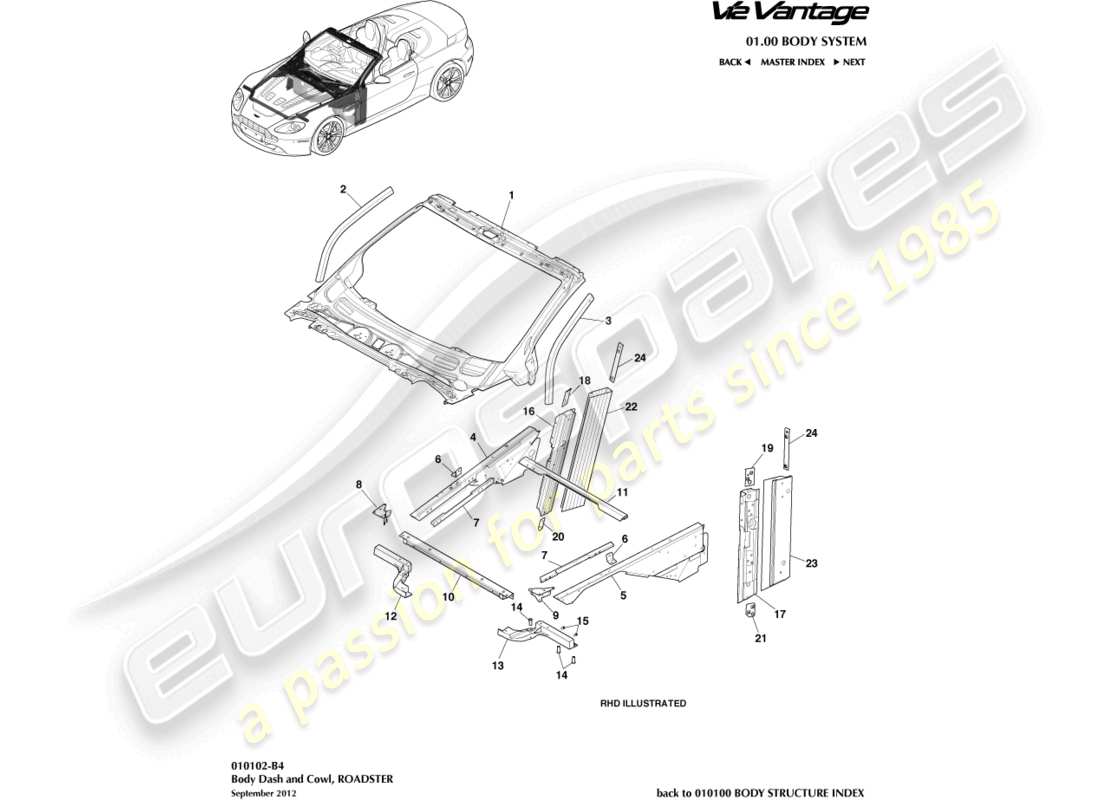 aston martin v12 vantage (2010) cruscotto e cofano, diagramma delle parti della roadster