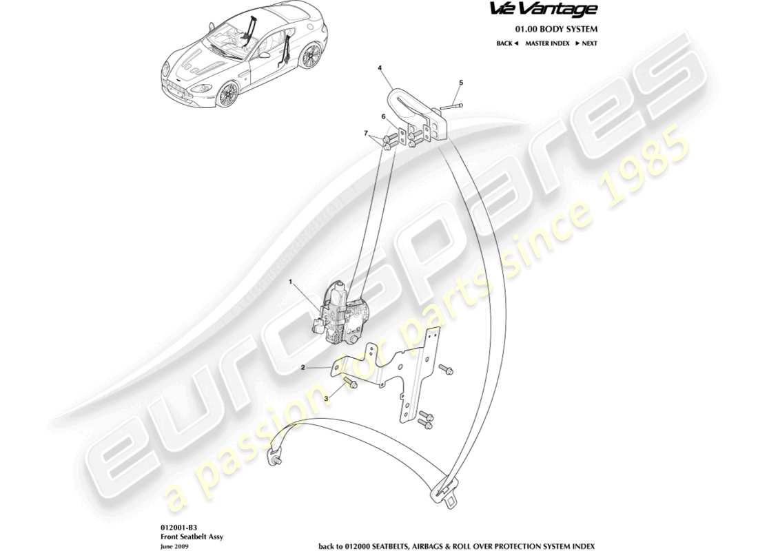 aston martin v12 vantage (2011) diagramma delle parti delle cinture di sicurezza anteriori
