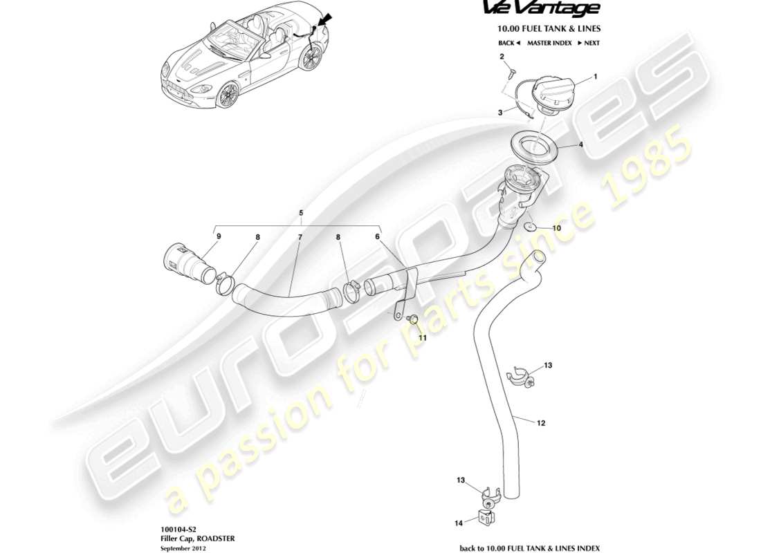aston martin v12 vantage (2010) rifornitore di carburante, diagramma delle parti della roadster