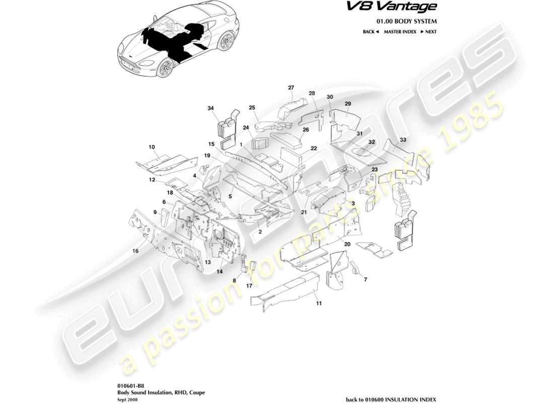 aston martin v8 vantage (2006) isolamento del corpo, diagramma delle parti con guida a destra