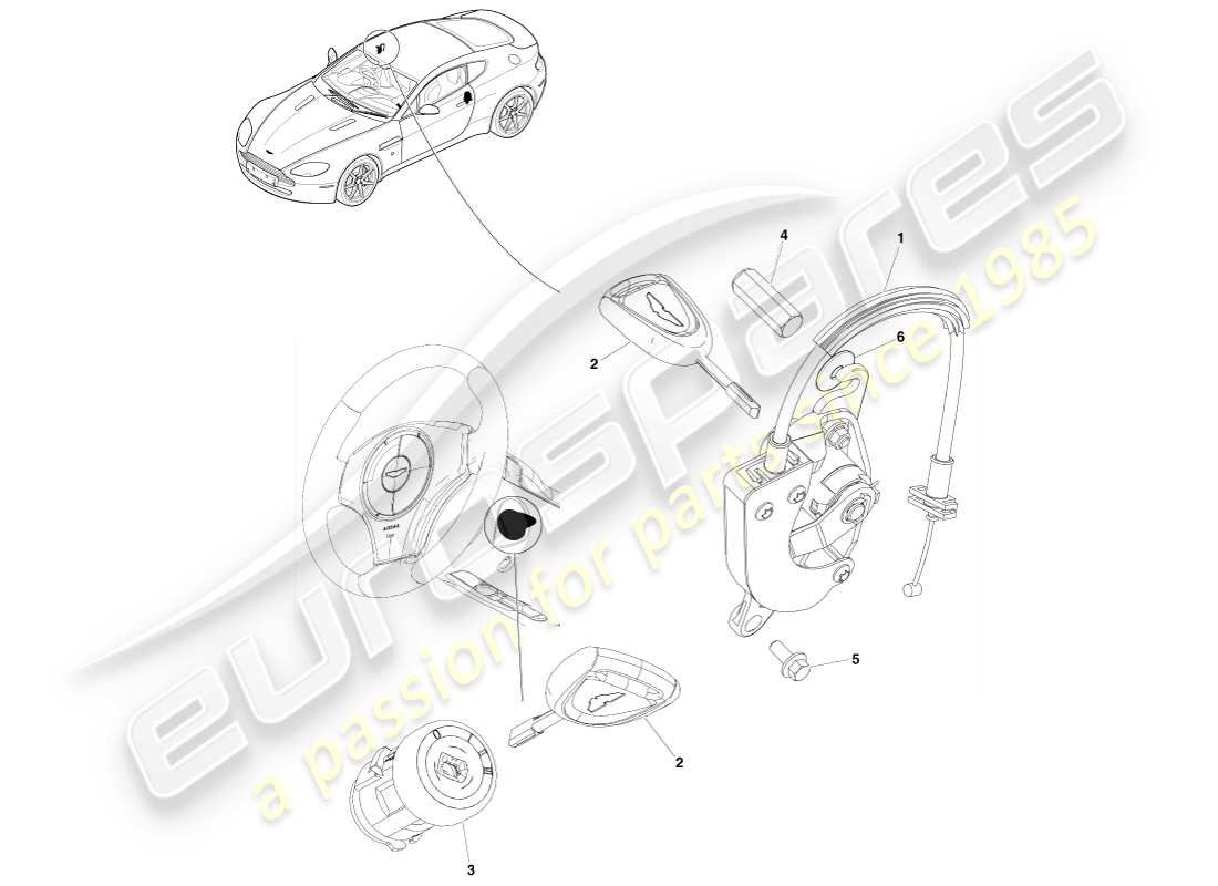 aston martin v8 vantage (2005) set di serrature e chiavi, diagramma delle parti con guida a destra