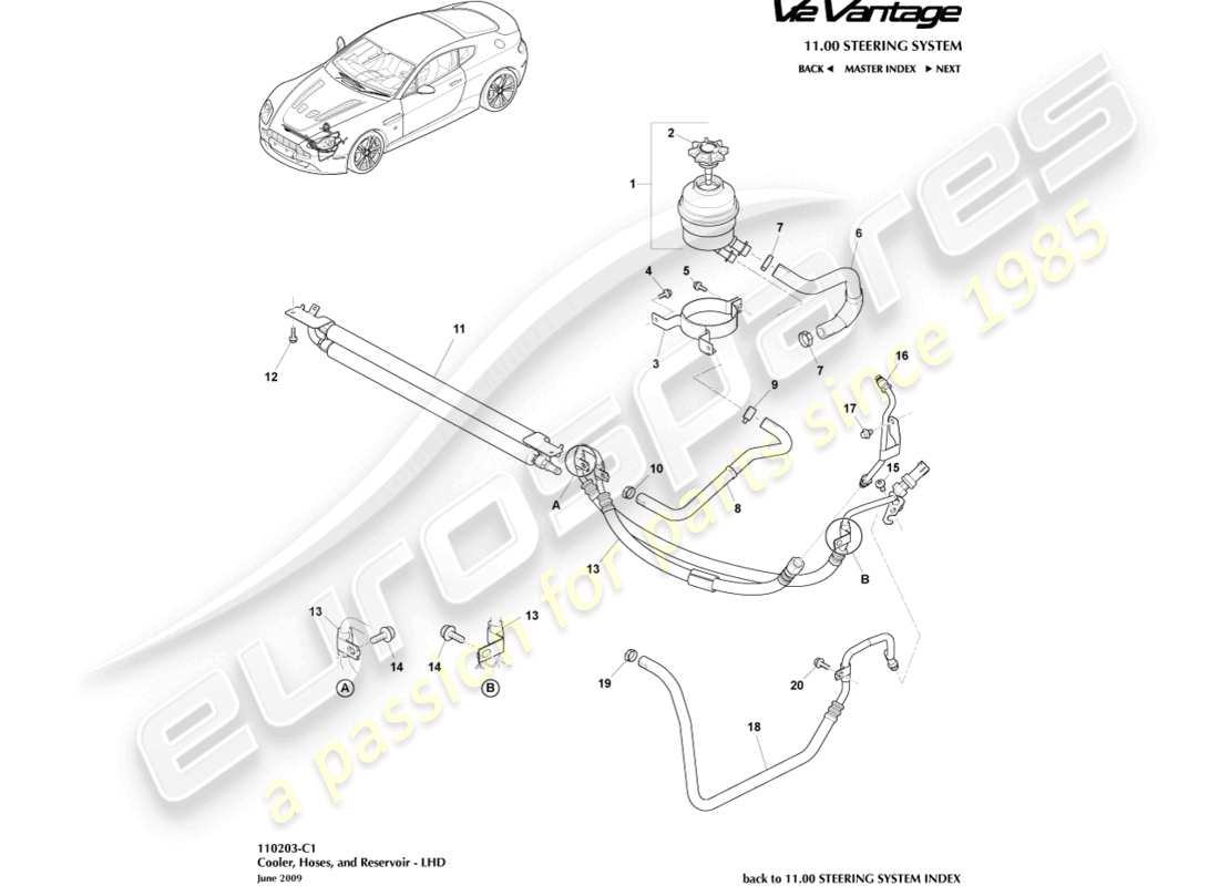 aston martin v12 vantage (2011) schema delle parti di radiatore, tubi flessibili e serbatoio, guida a sinistra
