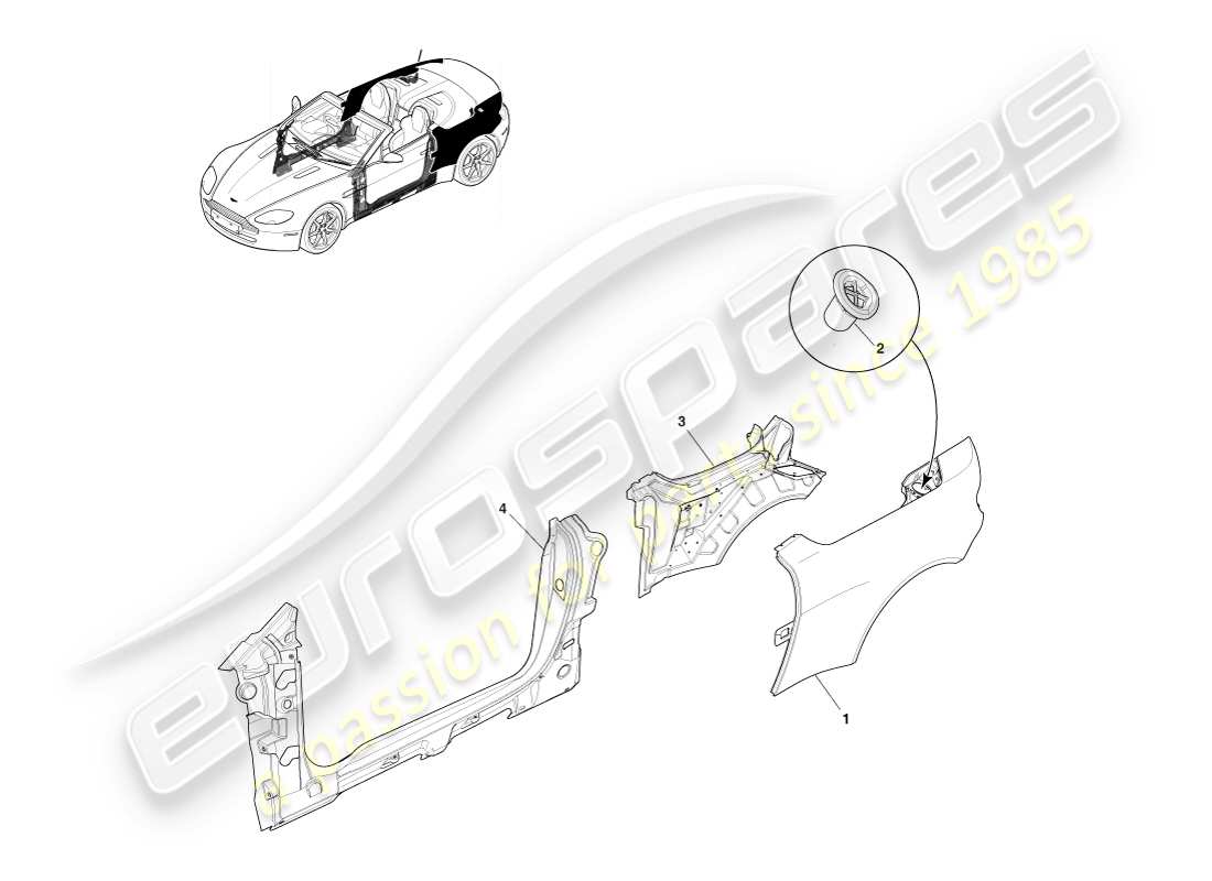 aston martin v8 vantage (2005) pannello laterale della carrozzeria, diagramma delle parti della roadster