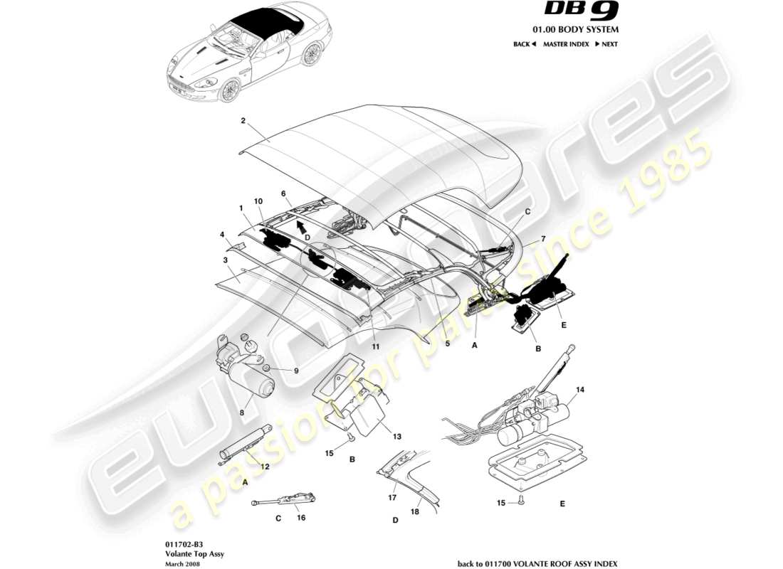 aston martin db9 (2005) volante-dachmontage teilediagramm