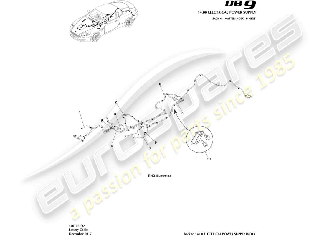 aston martin db9 (2005) cavi della batteria, diagramma delle parti del coupé