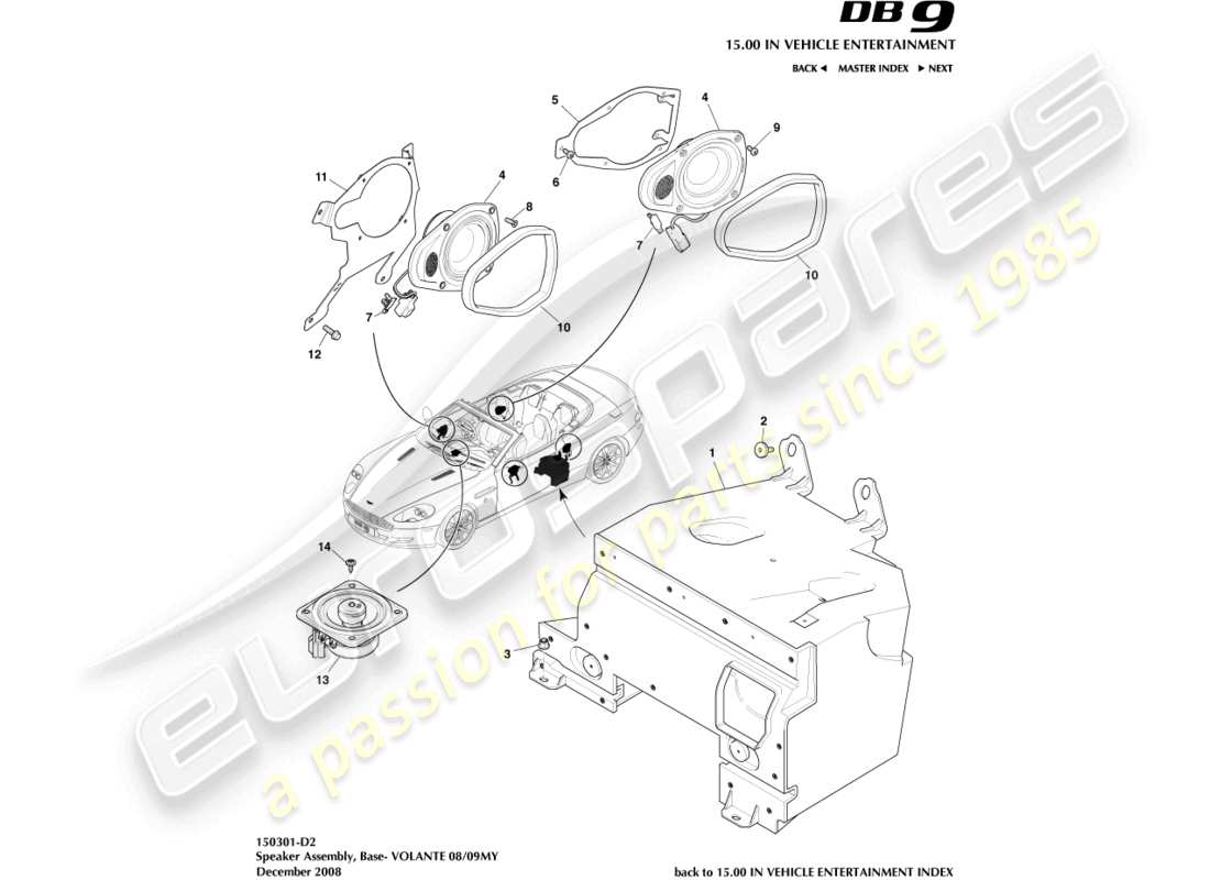 aston martin db9 (2005) altoparlante, base, diagramma delle parti volanti