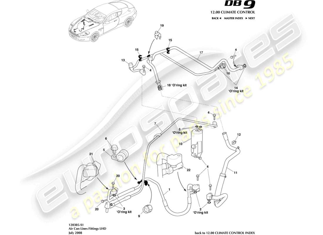 aston martin db9 (2005) linea di aria condizionata, guida a sinistra diagramma delle parti