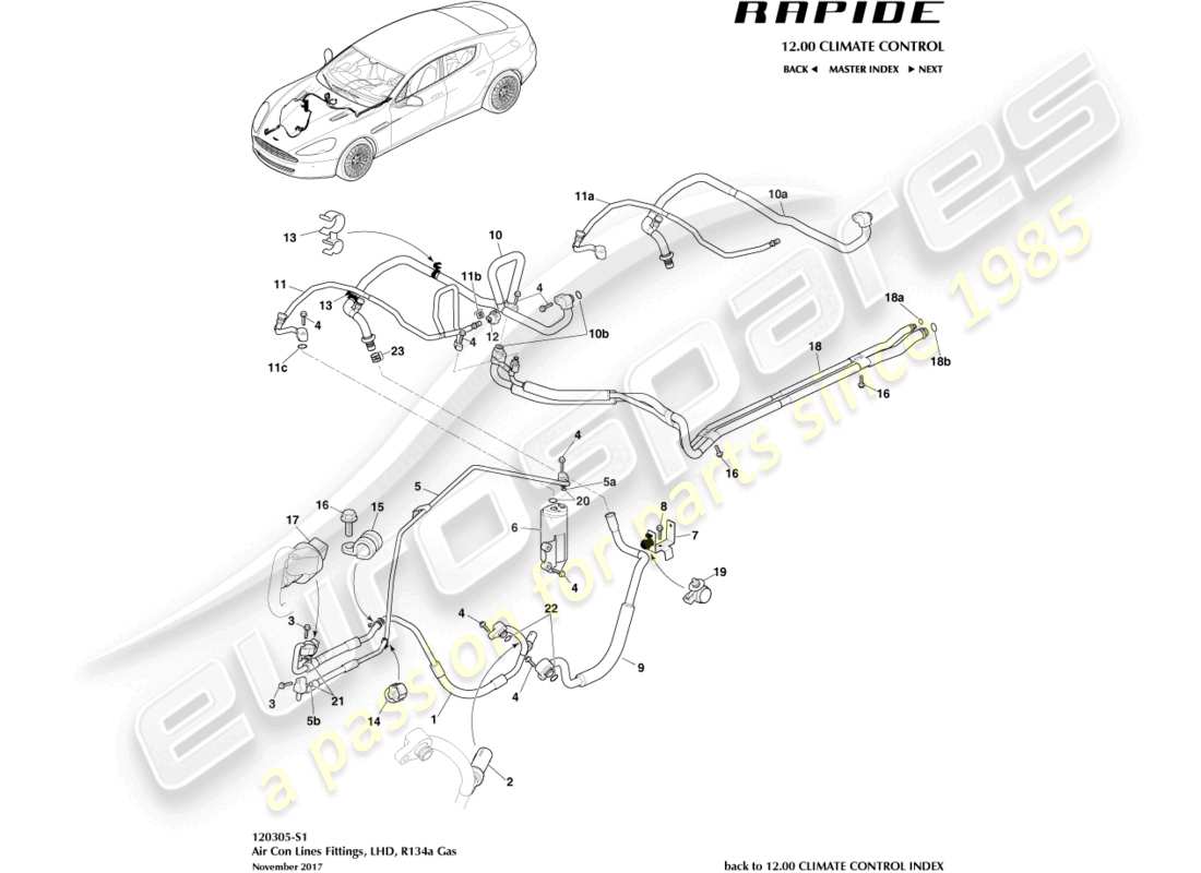 aston martin rapide (2012) linee dell'aria condizionata, r134a, diagramma delle parti con guida a sinistra