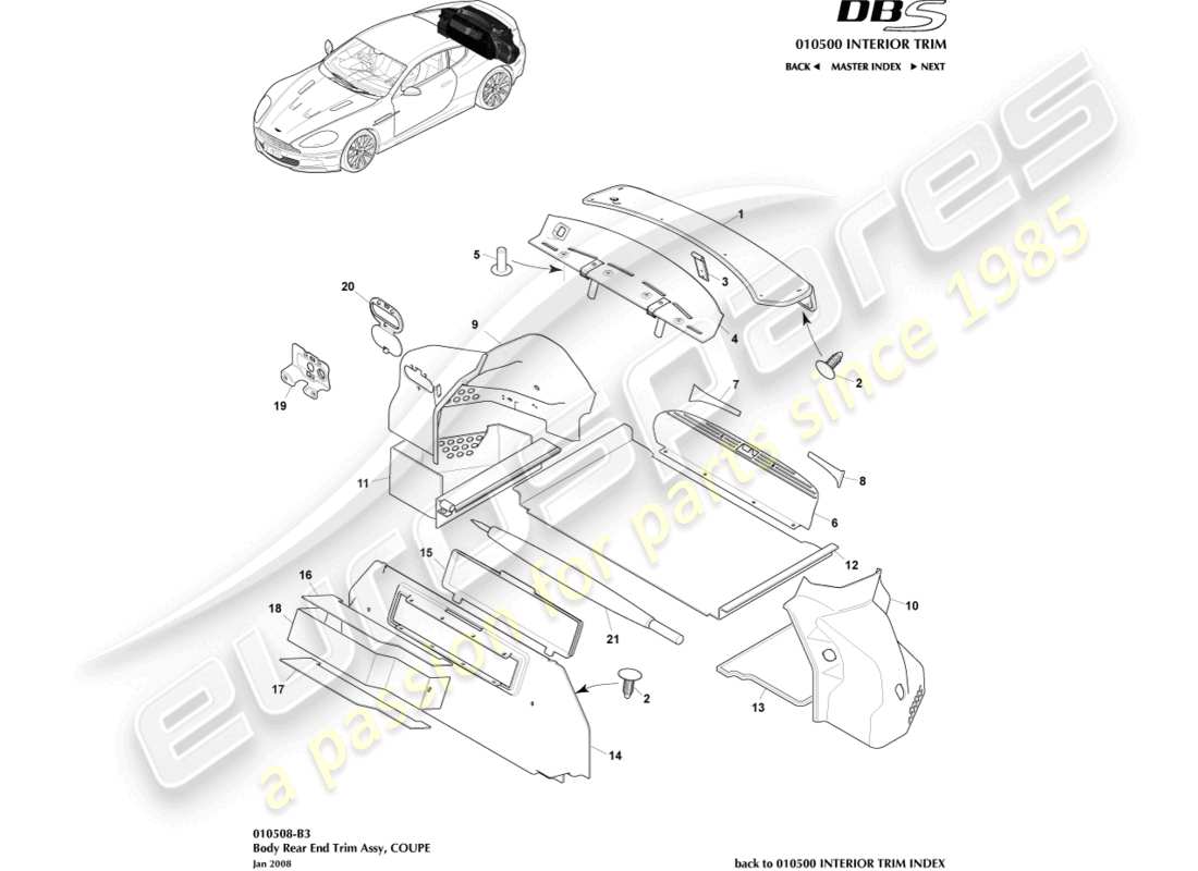 aston martin dbs (2013) rivestimento della parte posteriore, diagramma delle parti della coupé