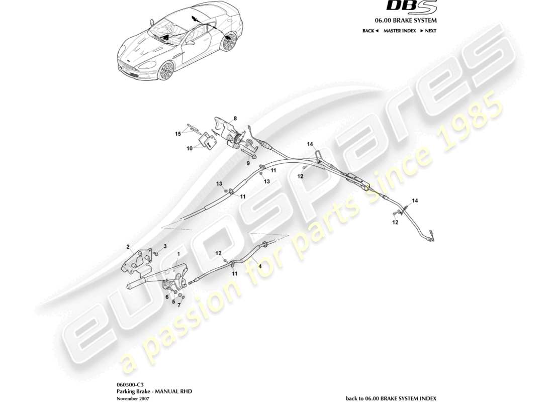 aston martin dbs (2011) freno di stazionamento, guida a destra diagramma delle parti