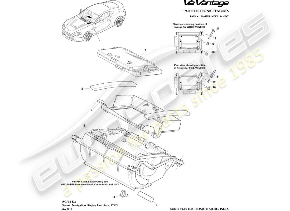 aston martin v12 vantage (2011) display di navigazione, diagramma delle parti 12my