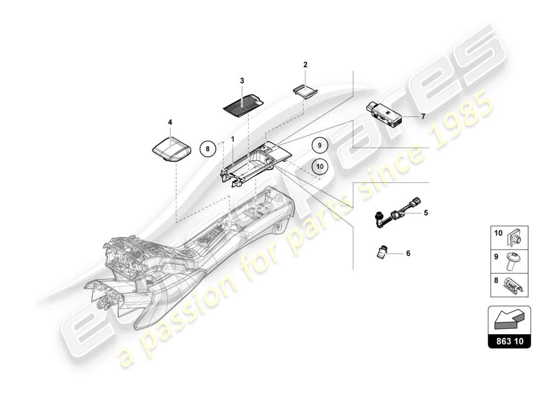 lamborghini tecnica (2023) vano portaoggetti diagramma delle parti