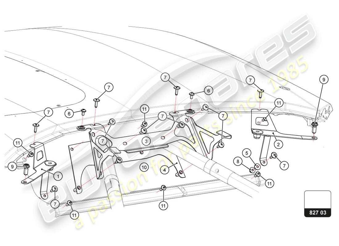 lamborghini super trofeo evo 2 (2022) staffa del cofano posteriore schema delle parti